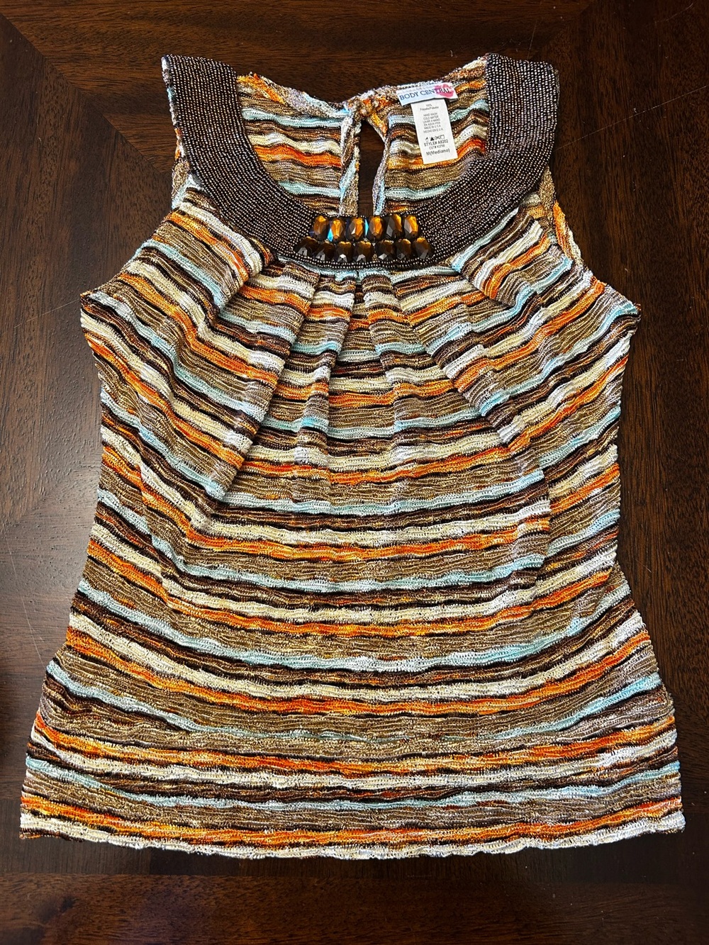 Body Central Women’s Y2K Brown Blue Orange Striped Beaded Neck Top Size Medium